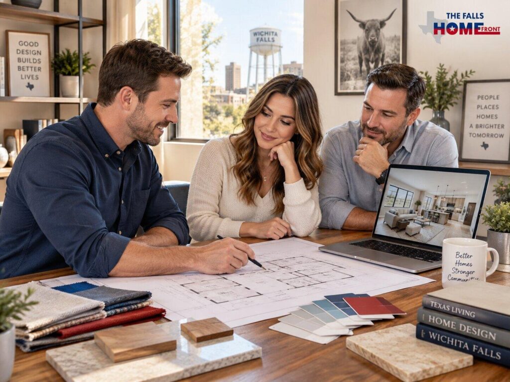 Designer and homeowner reviewing architecture plans and material swatches at a table 